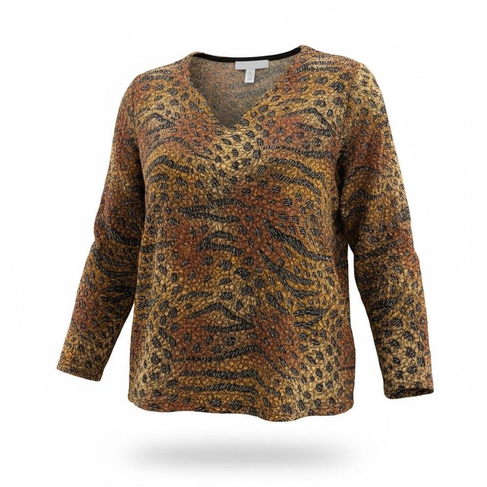 Soft Works Women’s Dress Animal Print Long Sleeve Top Brown XXL V-neck Tectured
